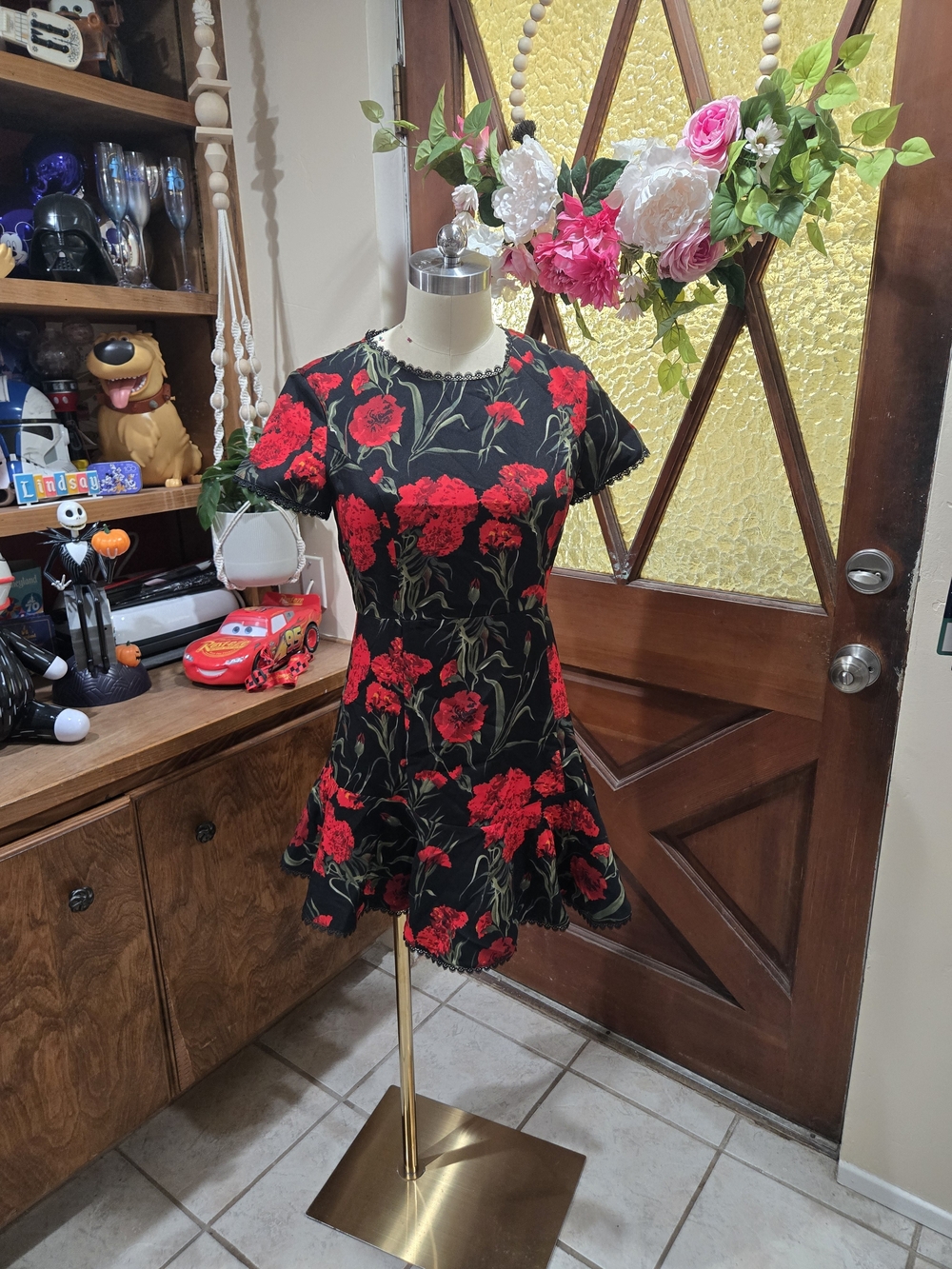 Lulu's Black Dress with Red Floral Embroidery
